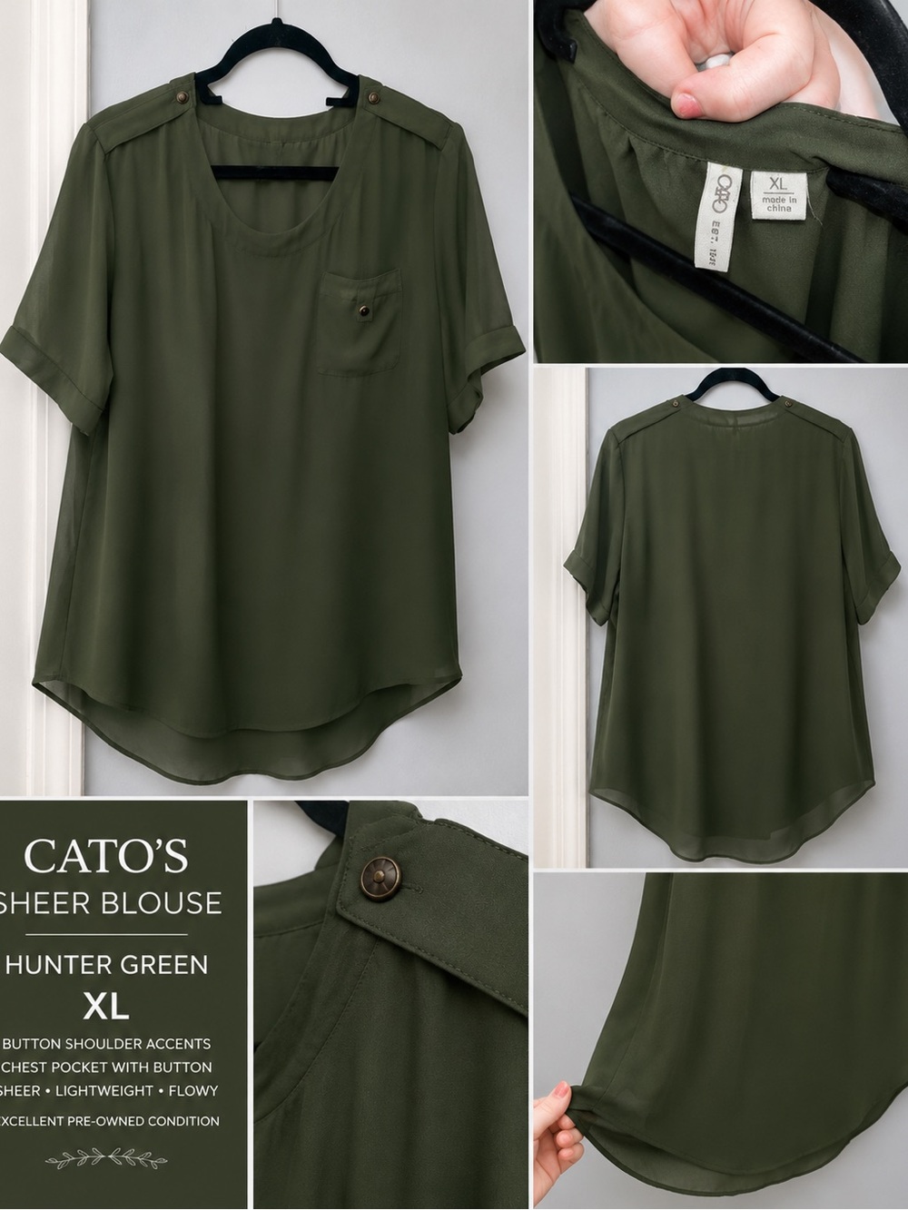 Cato Hunter Green Sheer Short-Sleeve Blouse - Women's XL